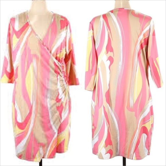 Peter Nygard Dresses & Skirts - Peter Nygard pink and‎ white abstract print jersey knit surplice neck mini dress